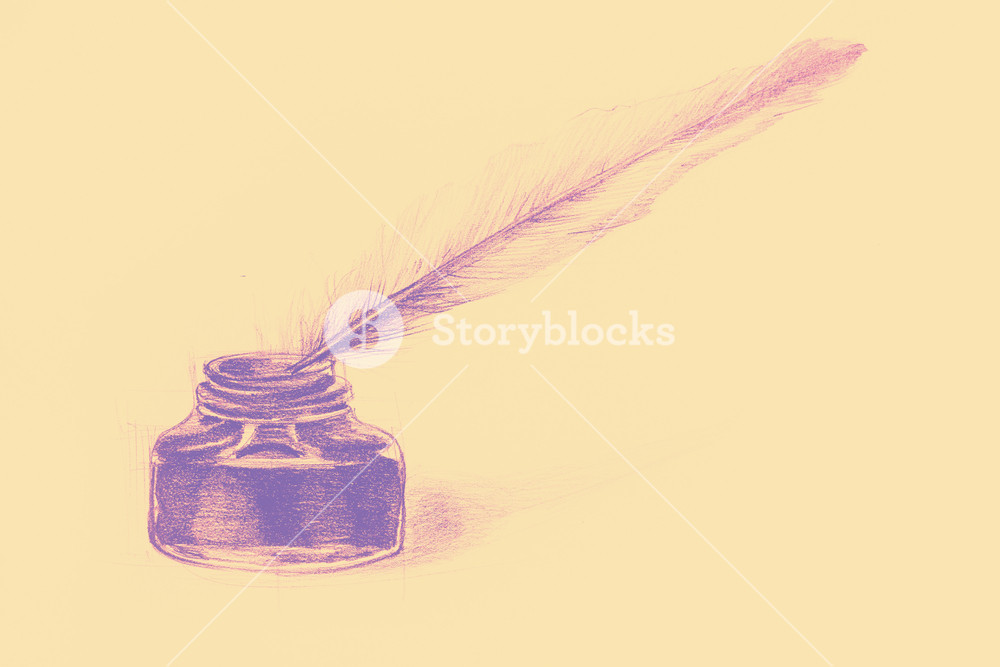 1000x667 Drawing Of Ink Bottle And Feather Pen Royalty Free Stock Image - Feather Pen Drawing