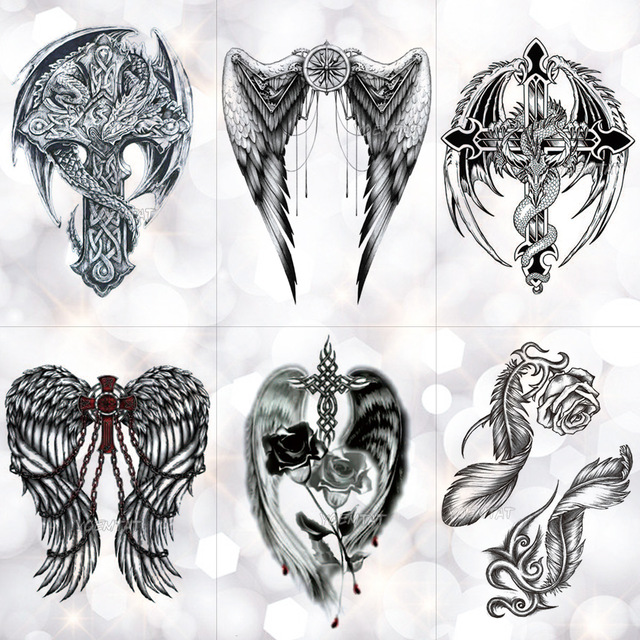 640x640 Feather Wings Cross Watercolor Temporary Tattoo Sticker Warrior - Feather Wings Drawing