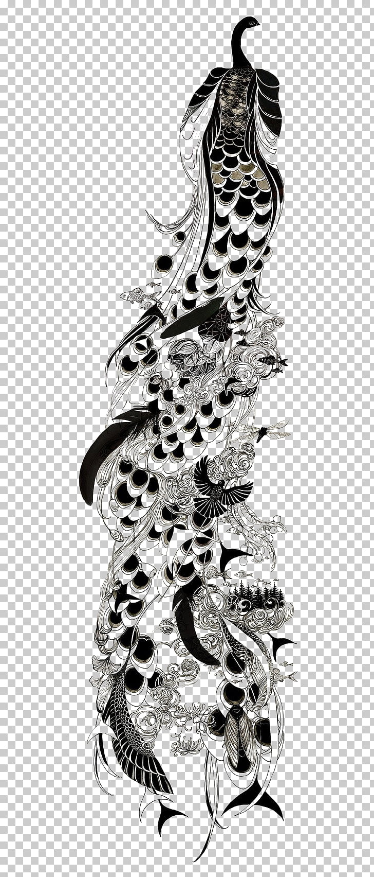 728x1704 Bird Peafowl Drawing Feather Line Art, Black And White Line Art - Feather With Birds Drawing
