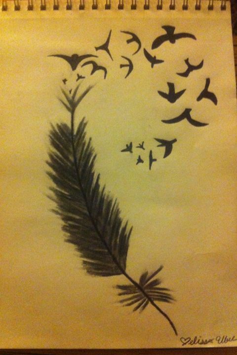 480x720 Charcoal Feather And Birds Drawing - Feather With Birds Drawing