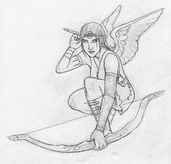 570x547 Female Archer Angel With Bow And Arrow Original Pencil Drawing Etsy - Female Archer Drawing