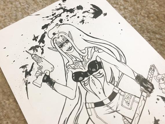 570x428 original ink drawing tattooed female elf shadowrun street etsy - Female Elf Drawing