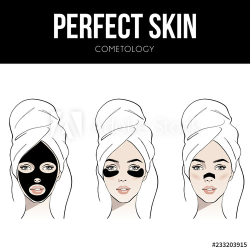 500x500 Female Face With Various Beauty Masks Outline Drawing Set - Female Face Drawing Outline