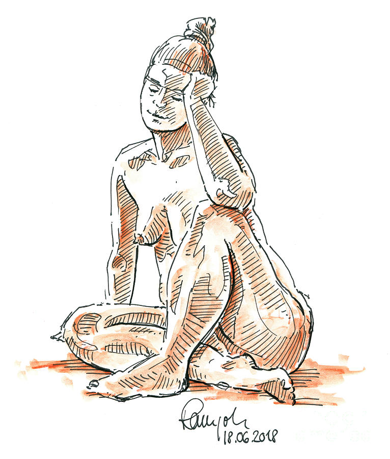 766x900 Female Figure Drawing Sitting Pose Fountain Pen Ink Drawing - Female Figure Drawing