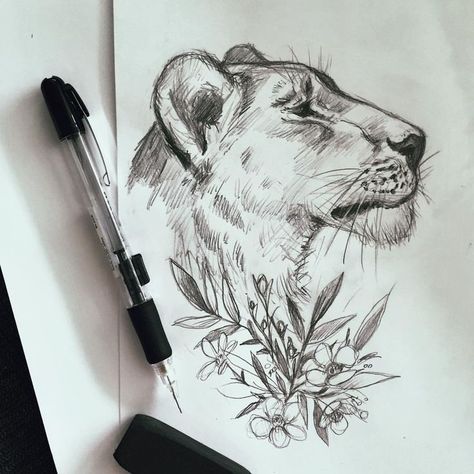 474x474 Female Lion With Flowers Na Lion Tattoo, Tattoo - Female Lion Drawing