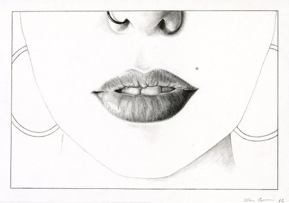570x402 Lips Wall Art Print Drawing Illustration Modern Black And Etsy - Female Mouth Drawing