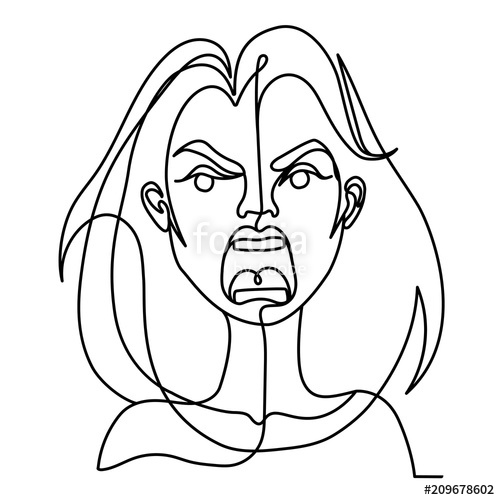 500x500 Screaming Woman One Line Art Portrait Unhappy Female Facial - Female Silhouette Drawing