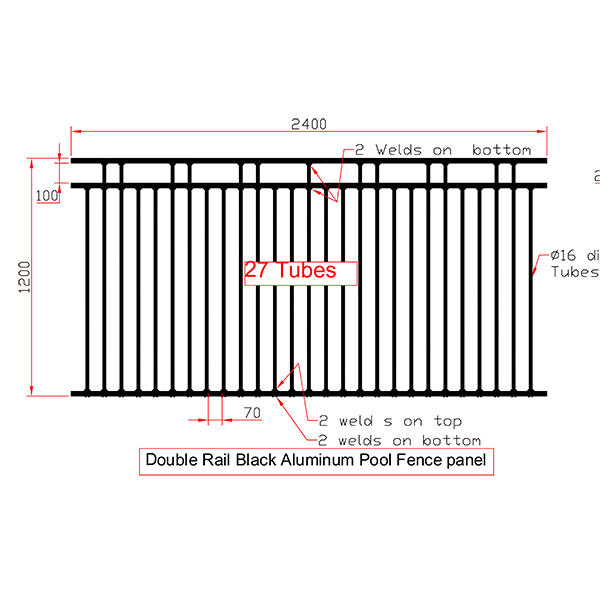 600x600 double rail pool fence panel drawing - Fence Drawing