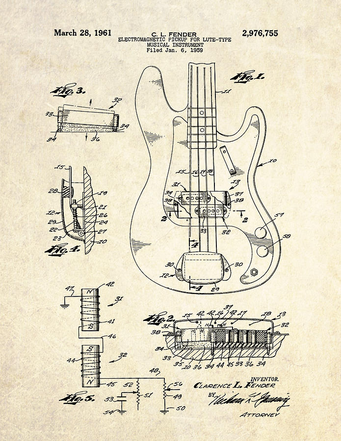 695x900 fender bass pickup patent art drawing - Fender Drawing