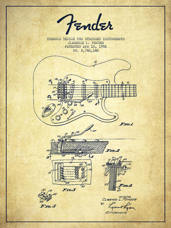 600x800 fender tremolo device patent drawing from art print - Fender Drawing