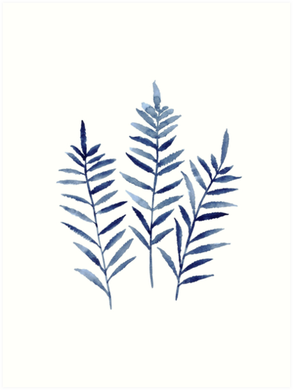 413x549 Fern Blue Botanical Watercolor Painting Image Picture Drawing Art - Fern Drawing