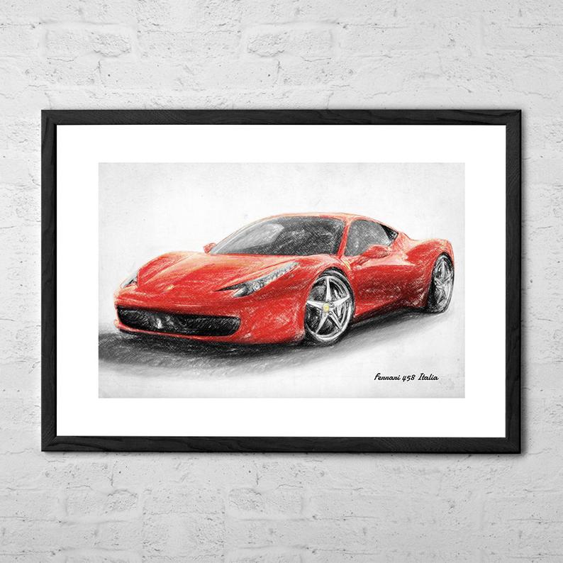794x794 ferrari italia drawing ferrari poster classic car etsy - Ferrari 458 Drawing