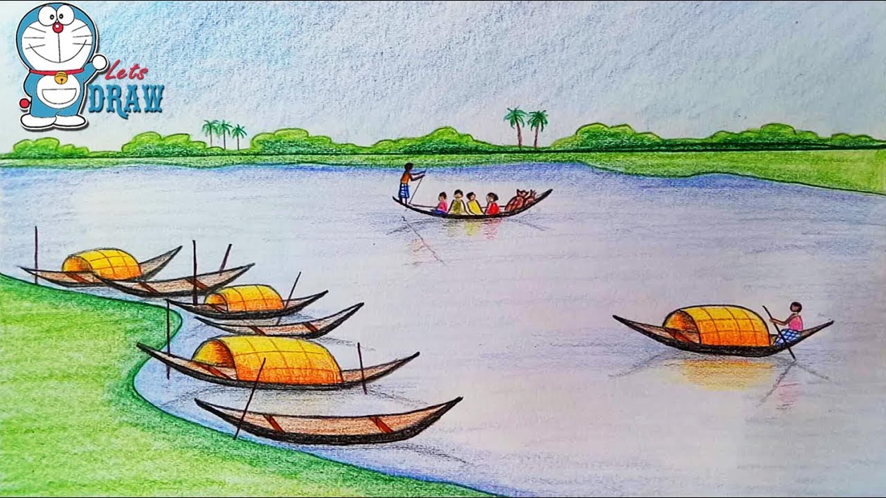 1280x720 how to draw scenery of ferry terminal kheya ghat - Ferry Drawing