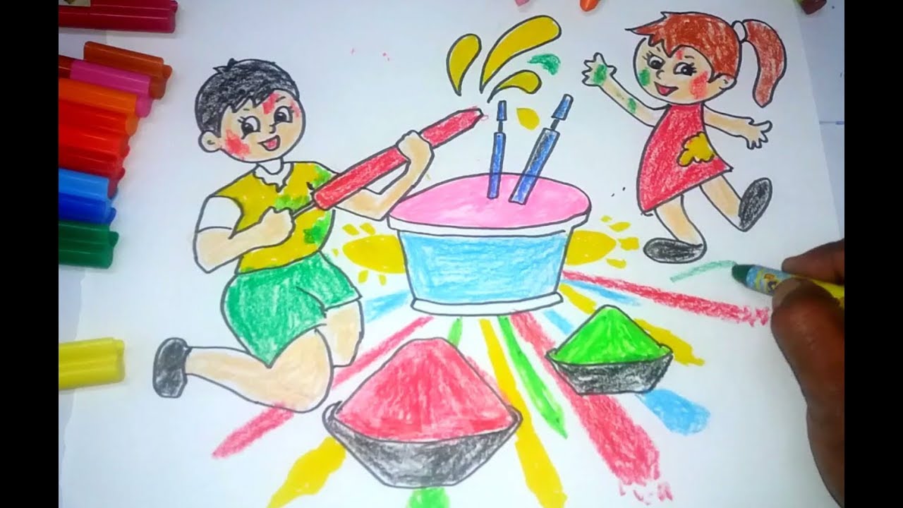 1280x720 kids celebrating holi festival drawing for kids - Festival Drawing