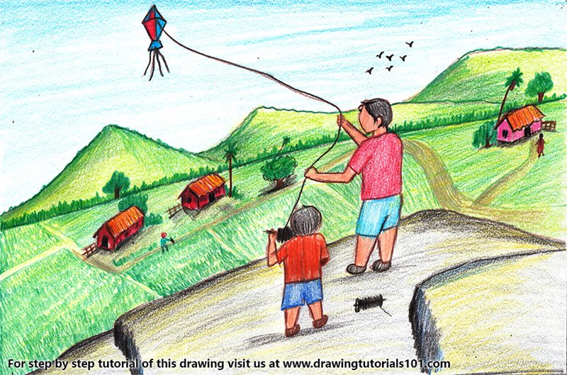 800x529 kite flying festival colored pencils - Festival Drawing