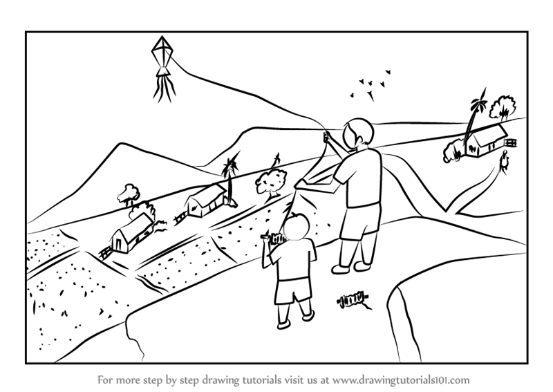 800x567 learn how to draw kite flying festival - Festival Drawing