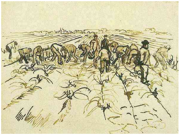 609x457 Farmers Working In The Field - Field Drawing