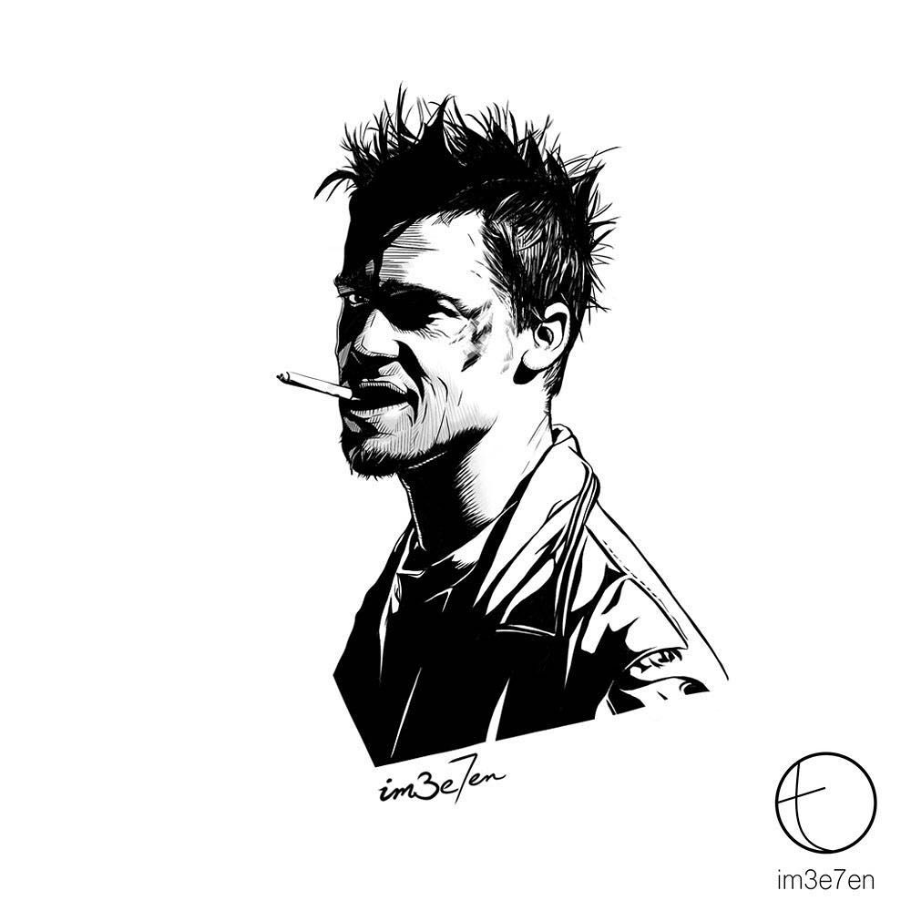 1000x1000 brad pitt, fight club, blackwork portrait - Fight Club Drawing