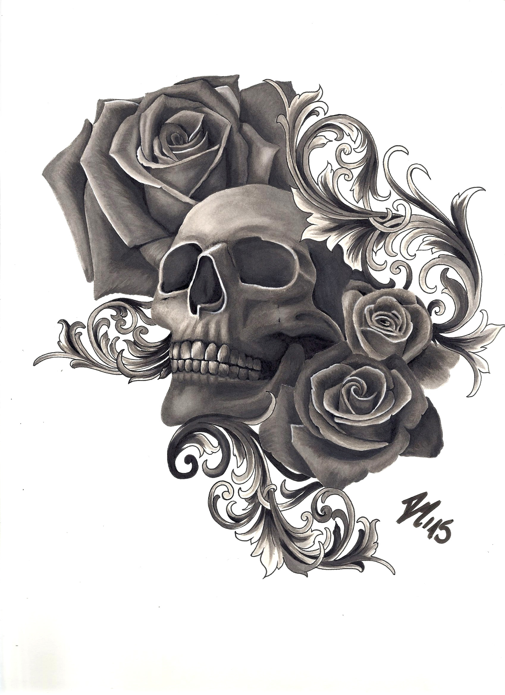 1698x2335 skull roses filigree drawing blackandgrey - Filigree Drawing
