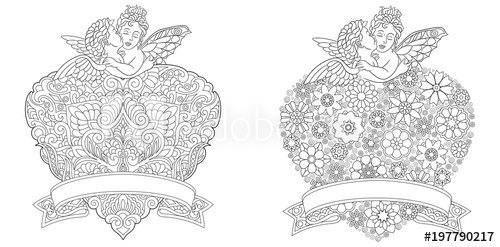 500x247 Angel Coloring Page Heart Template Collection With Abstract Lace - Filigree Heart Drawing