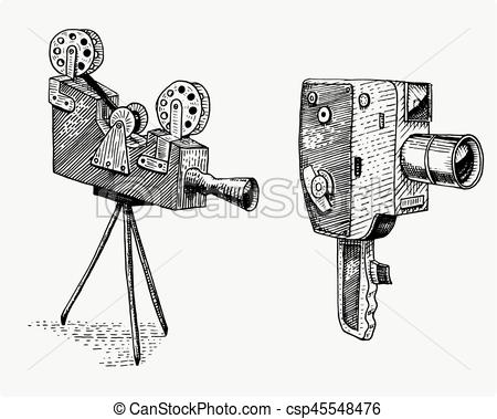 450x379 Photo Movie Or Film Camera Vintage, Engraved, Hand Drawn In Sketch - Film Camera Drawing