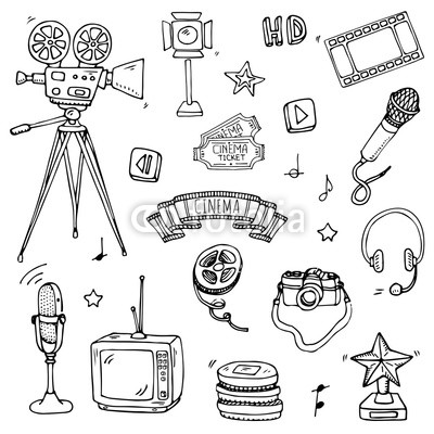 400x400 hand drawn doodle cinema set vector illustration movie making - Film Projector Drawing