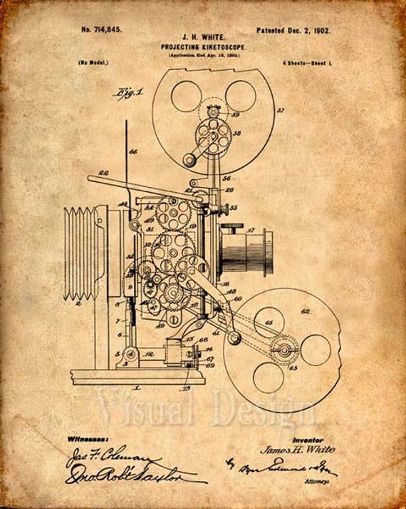 570x713 kinetoscope patent print motion picture projector patent art print - Film Projector Drawing