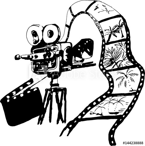 497x500 Sketch A Movie Camera, Filmstrip On An Isolated Background Hand - Film Strip Drawing