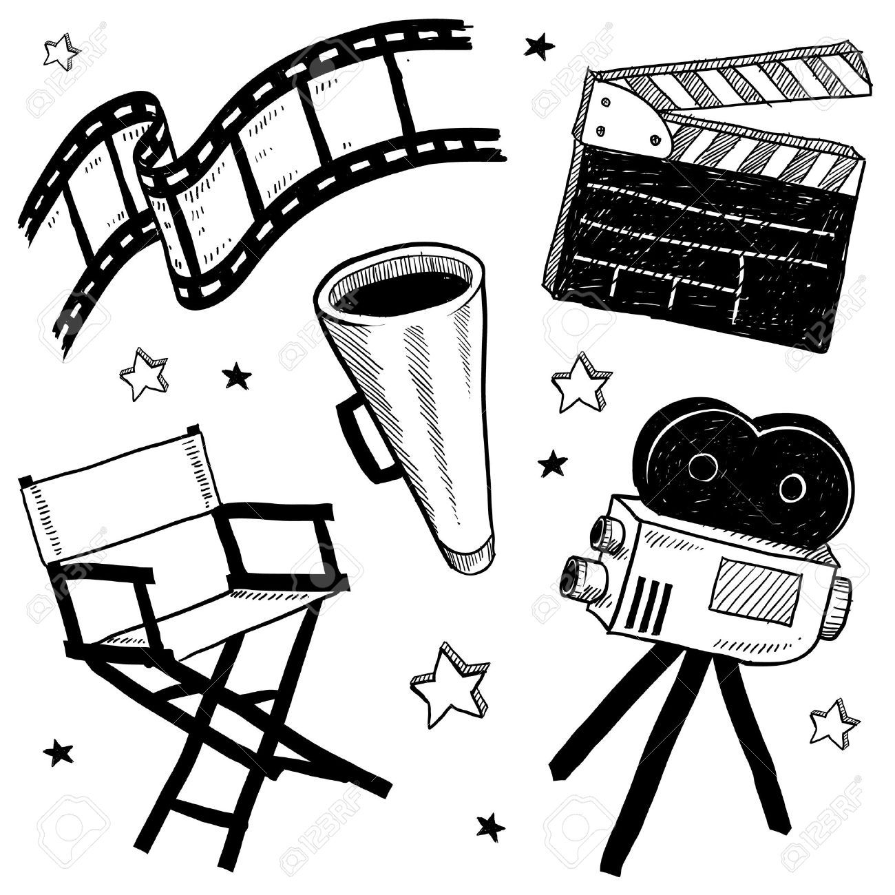 1300x1300 doodle style movie set equipment including clapperboard, director - Film Strip Drawing