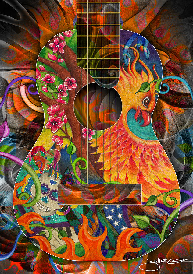 633x900 Bird Of Fire Guitar Drawing - Fire Art Drawing