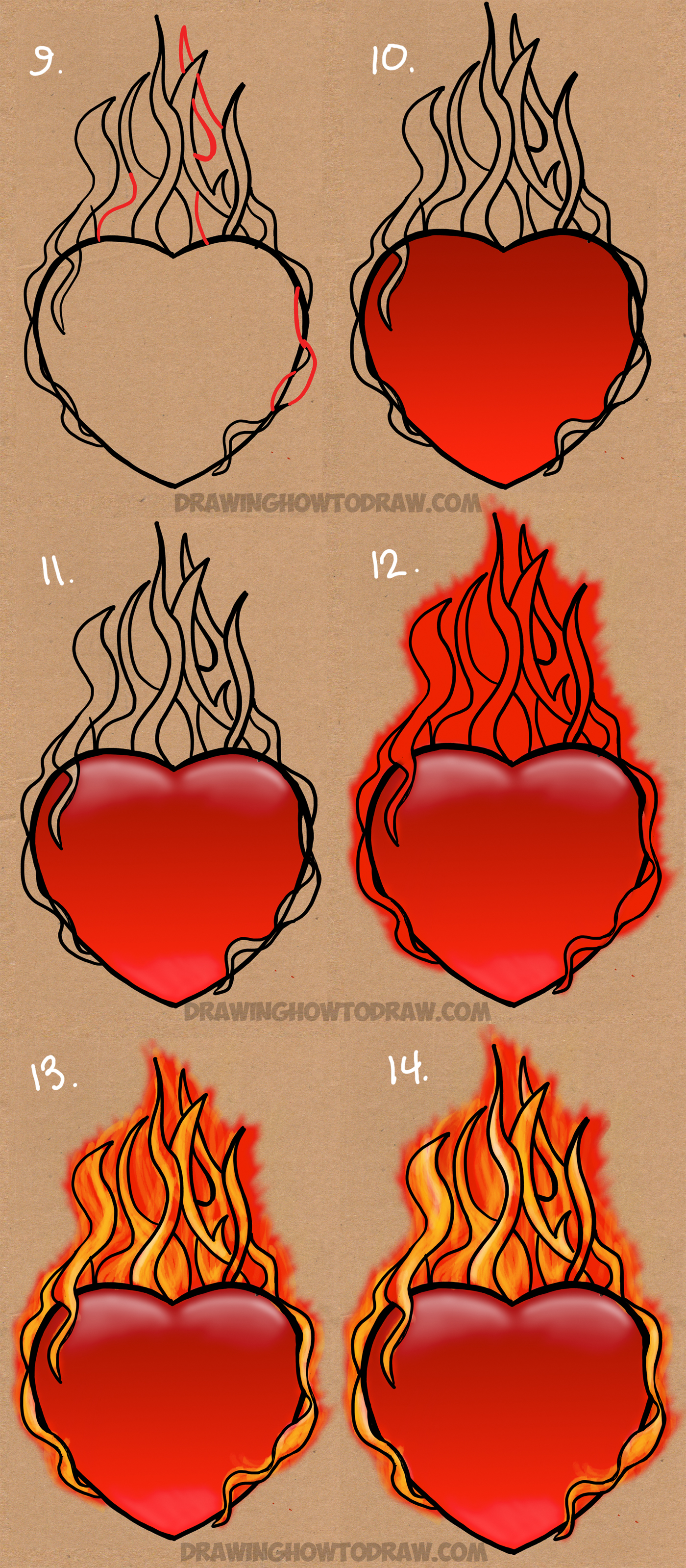 1400x3197 How To Draw A Flaming Heart On Fire With Step - Fire Drawing Step By Step