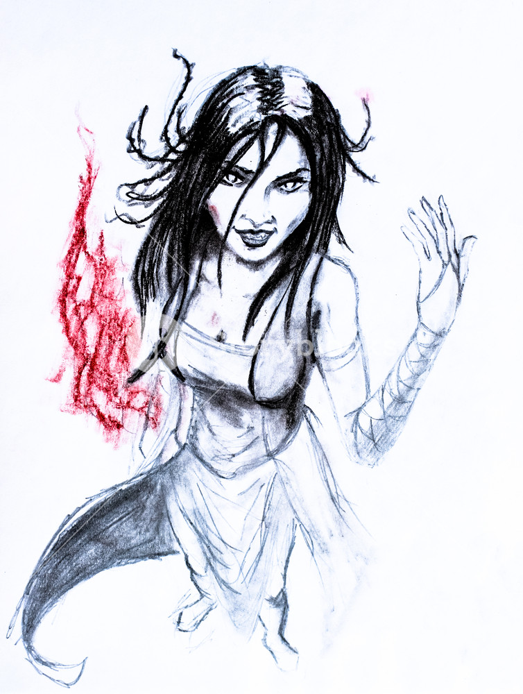 754x1000 Brunette Woman Witch In Dress Pencil Drawing The Fire Of Passion - Fire Girl Drawing
