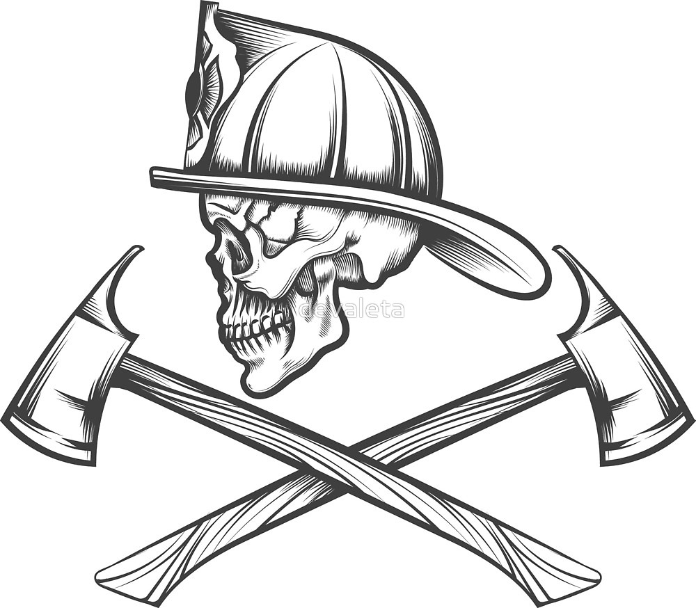 1000x874 Skull In Fire Helmet And Axes - Fire Helmet Drawing