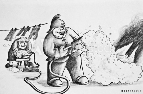 500x331 Pencil Drawing On Paper Fireman Extinguishes Fire Cartoon - Fire Pencil Drawing