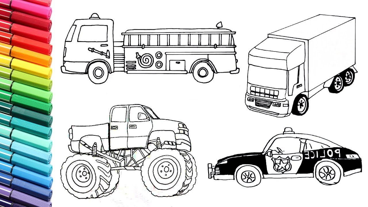 1280x720 Vehicles Collection Drawing And Coloring For Kids Police Car Fire - Fire Truck Drawing For Kids