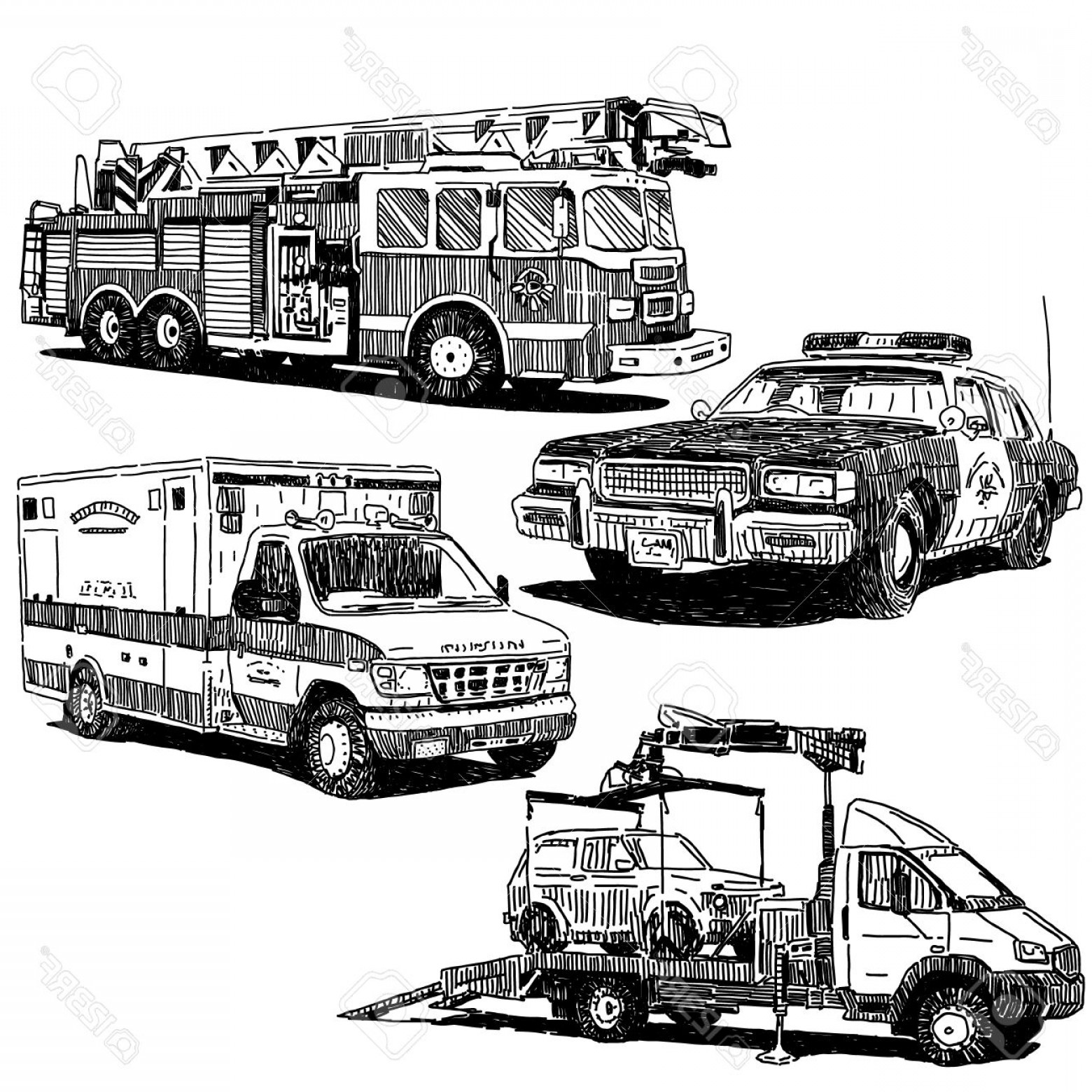 1560x1560 Photostock Vector Fire Truck Police Car Ambulance And Tow Truck - Fire Truck Drawing Pictures