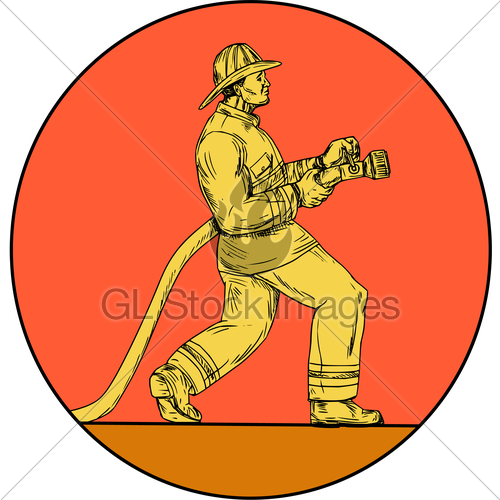500x500 Fireman Firefighter Holding Fire Hose Circle Drawing Gl Stock Images - Firefighter Drawing