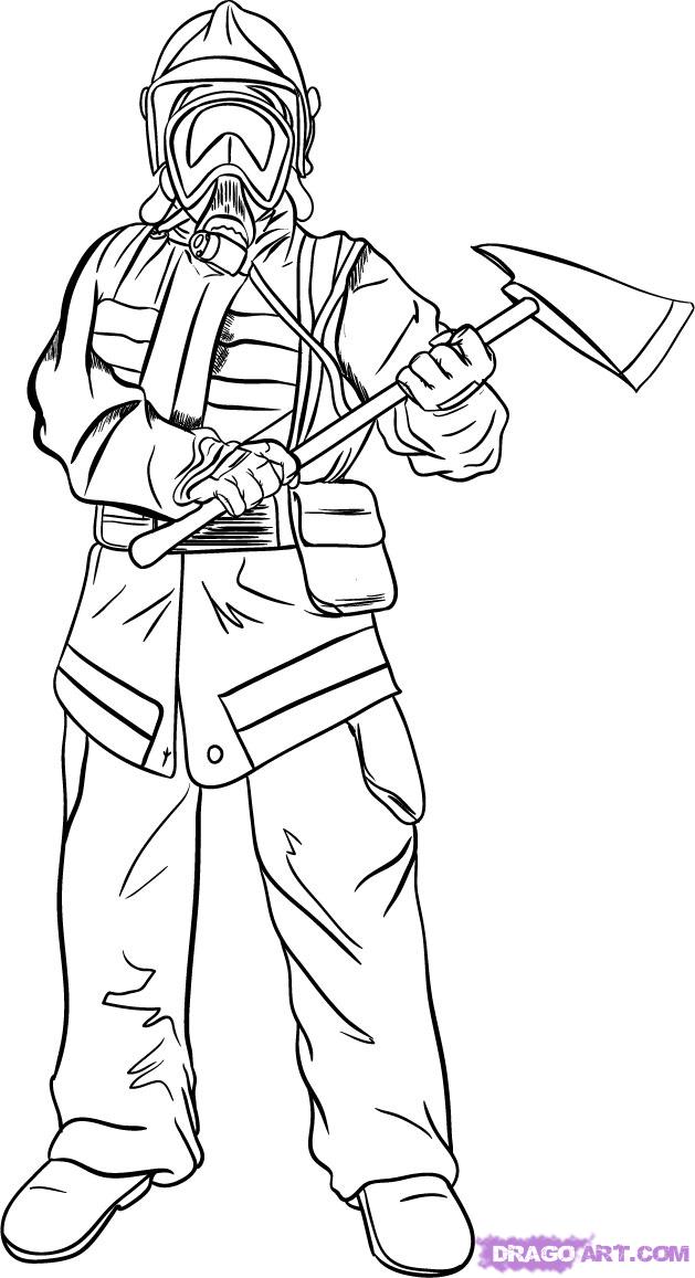 629x1157 How To Draw A Fireman, Firefighter, Step - Firefighter Drawing