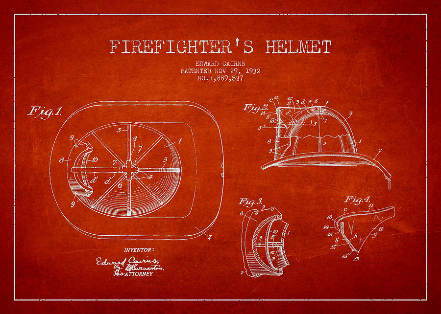 900x642 Vintage Firefighter Helmet Patent Drawing From Digital Art - Firefighter Helmet Drawing