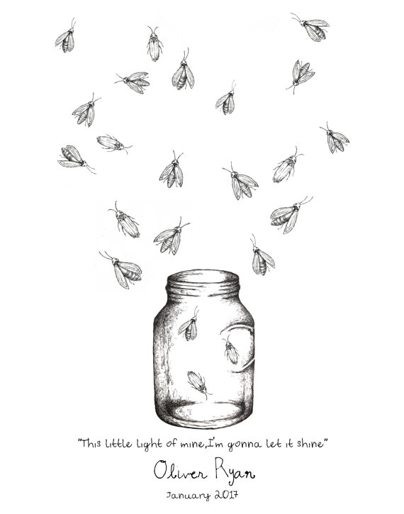 570x725 Mason Jar With Fireflies Fingerprint Print, Wall Art, Birthday - Firefly Drawing
