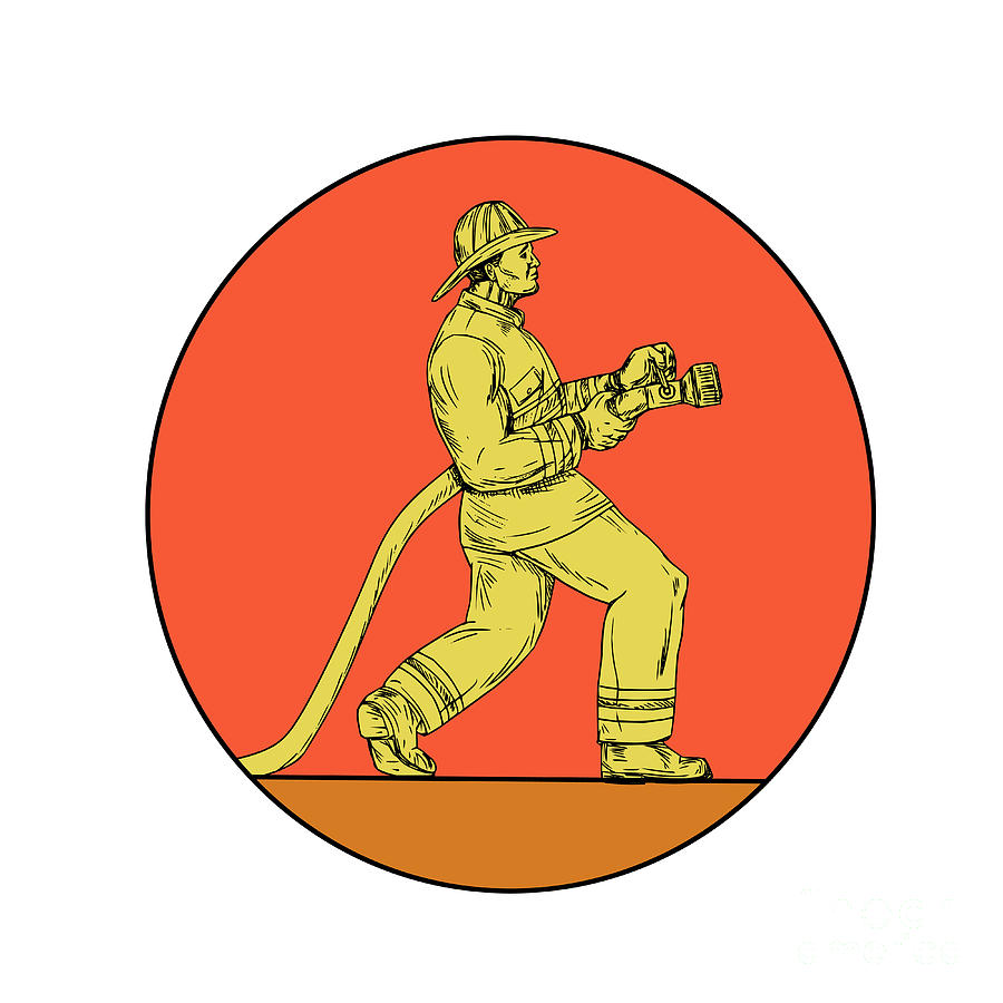 900x900 fireman firefighter holding fire hose circle drawing digital art - Fireman Drawing