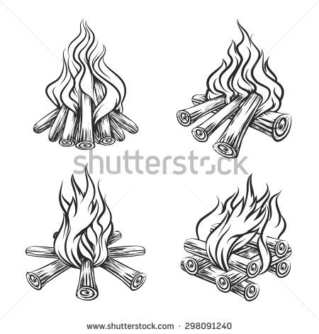 450x470 hand drawn vector bonfire set flame and burn, firewood energy - Firewood Drawing