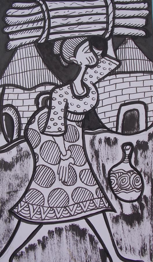 528x900 Woman Is Coming From The Farm With Firewood On Her Head - Firewood Drawing