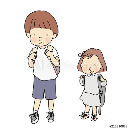 500x500 Vector Illustration Of Little Kids Carrying School Backpack Early - First Day Of School Drawing
