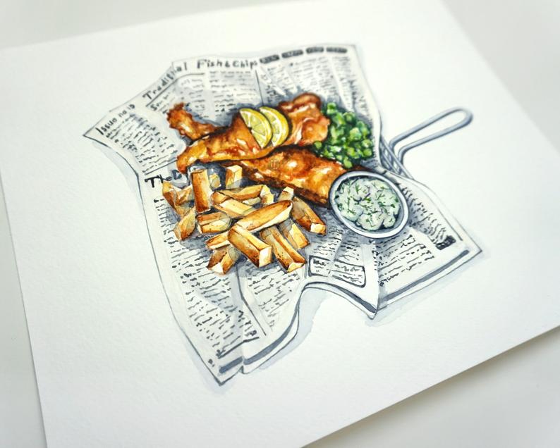 794x636 Battered Fish Chips Art Print English Food Illustration Etsy - Fish And Chips Drawing