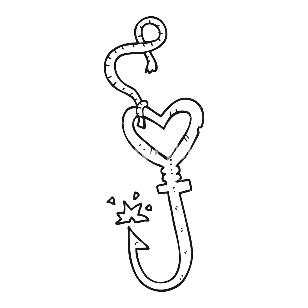 1000x1000 Freehand Drawn Black And White Cartoon Love Heart Fish Hook - Fish Hook Drawing