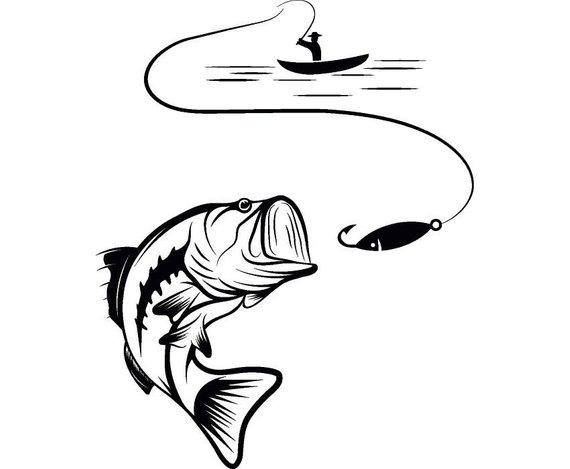 570x469 Bass Fishing Logo Angling Fish Hook Fresh Water Hunting Etsy - Fish Hook Drawing