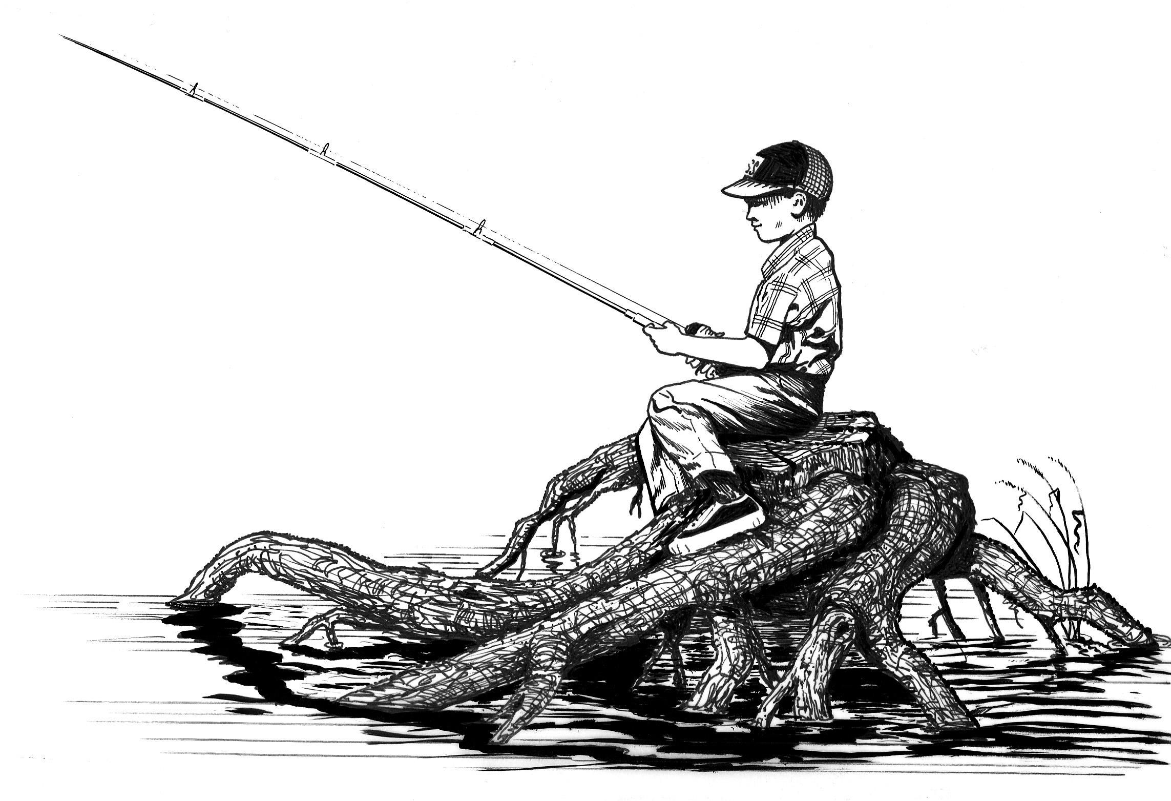 2286x1563 fileline art of boy sitting on drift wood fishing - Fish Line Drawing