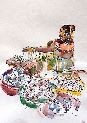 355x500 Fish Market Panjim, Goa In Art Sketches, Urban Sketching - Fish Market Drawing