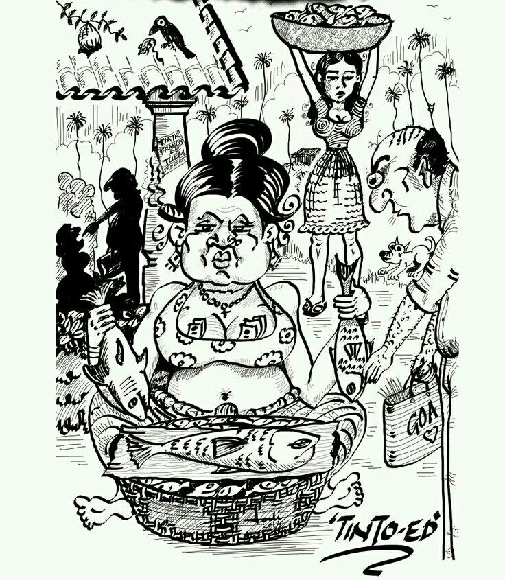 736x845 Goan Fish Market Known As Tinto - Fish Market Drawing